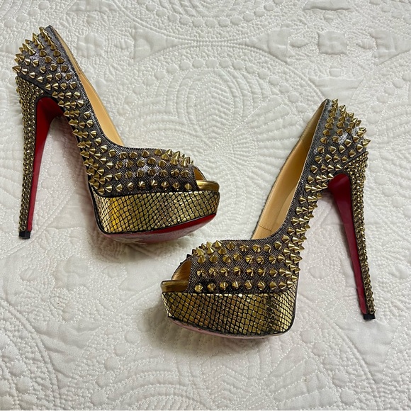 CHRISTIAN LOUBOUTIN Lady Peep Spike 150mm Gold Metallic Strass Rare Size 39 - Picture 11 of 11